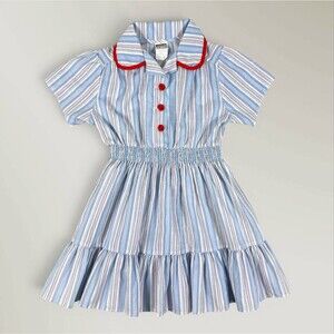 Vintage Montgomery Ward Girl's Dress Blue White Stripes Cottage Boho Size 5